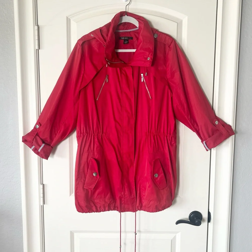 Style & Co Red Packable Hooded Anorak Utility Jacket Lightweight Windbreaker XL